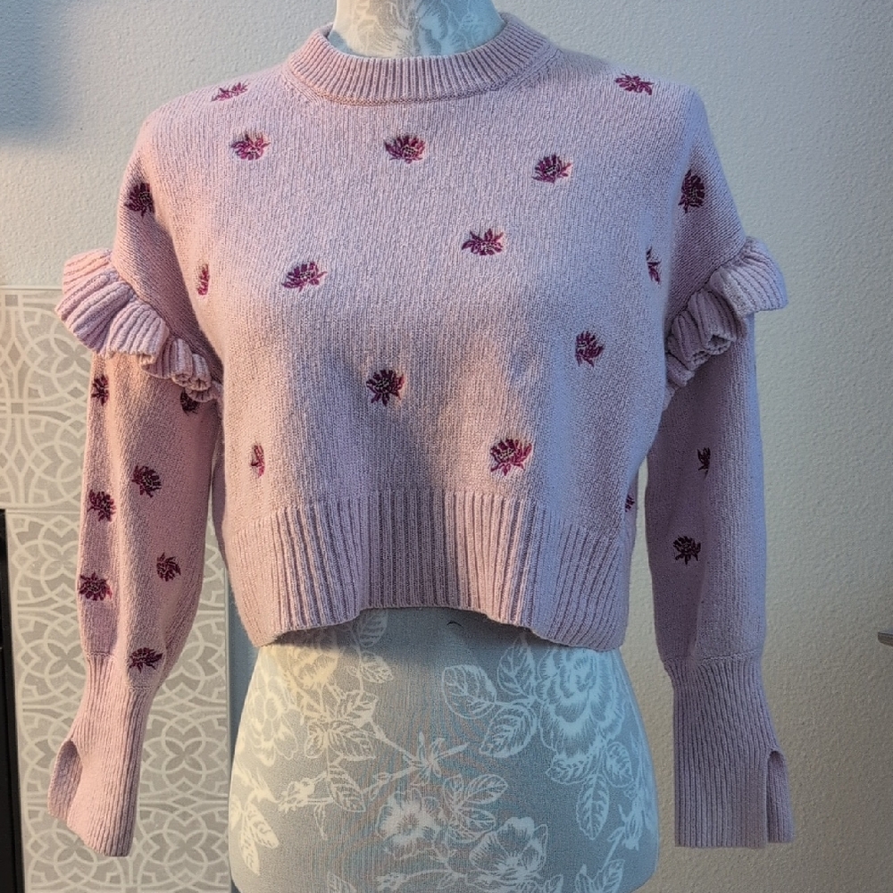 Cinq à Sept Lilac Floral Ruffle Sweater